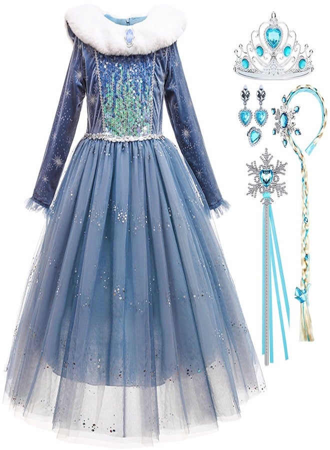 Luzlen Toddler Snow Princess Costume Girls Blue Queen Dress for Halloween Christmas Cosplay Party Outfits, 6-7Y(Tag 140) - Image 1